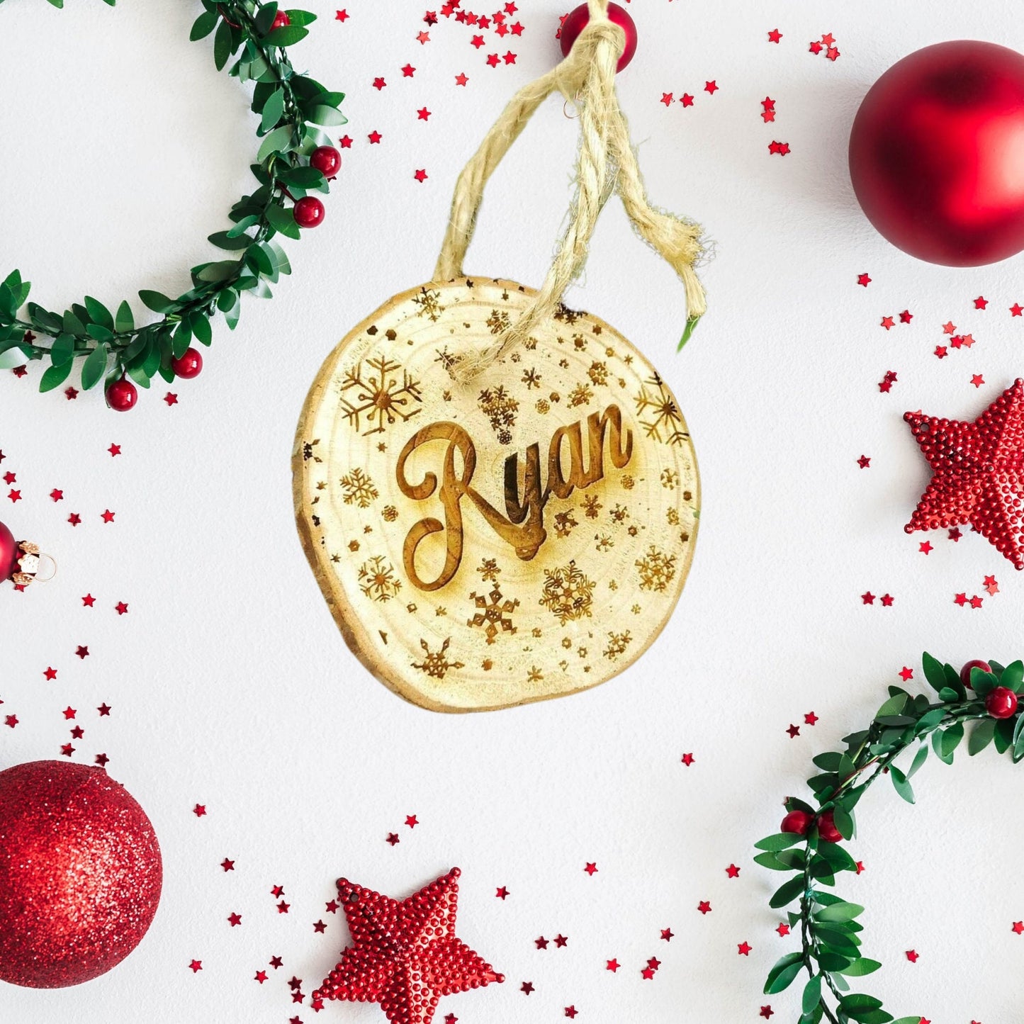 Personalised Wooden Christmas Log Name Bauble - Hanging Tree Ornament