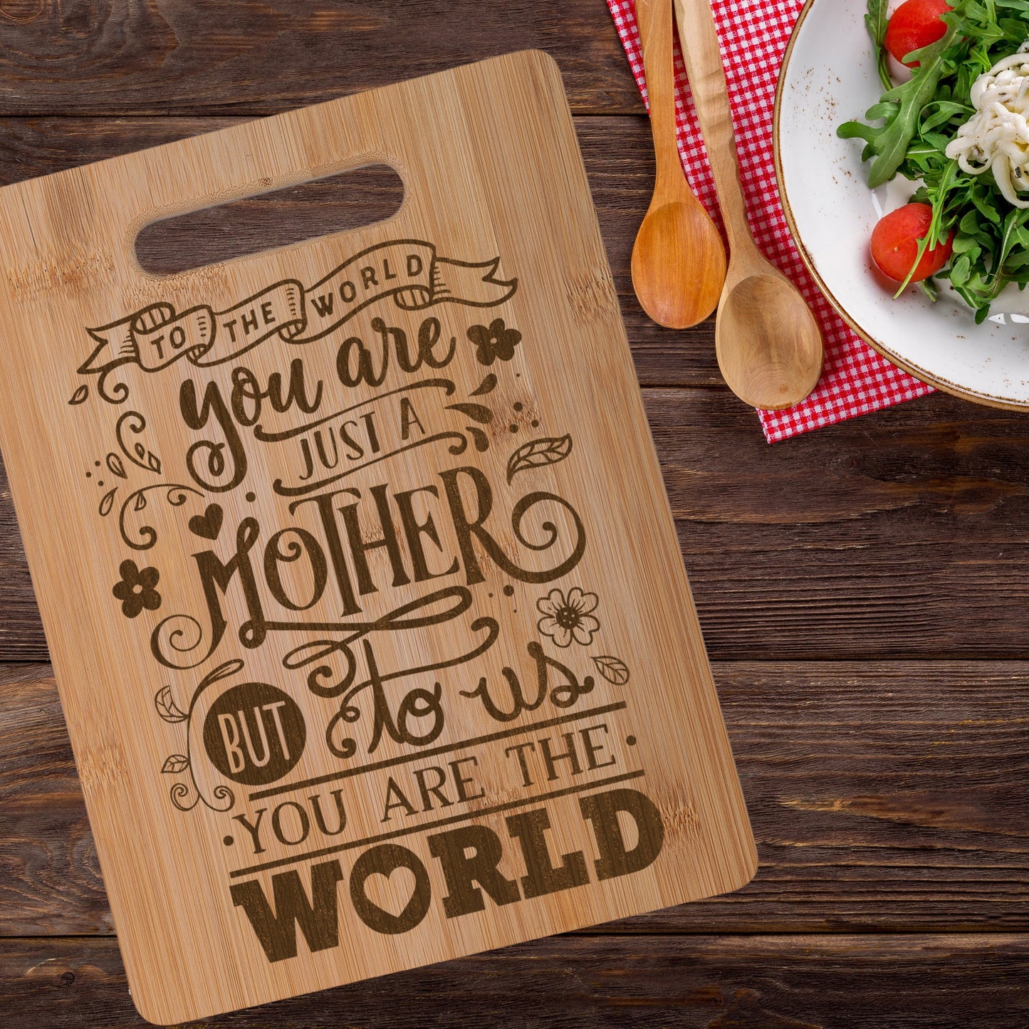 Mother You are the World Real Bamboo Chopping Board Perfect Mother's Day Gift for the Kitchen 30 x 23 cm