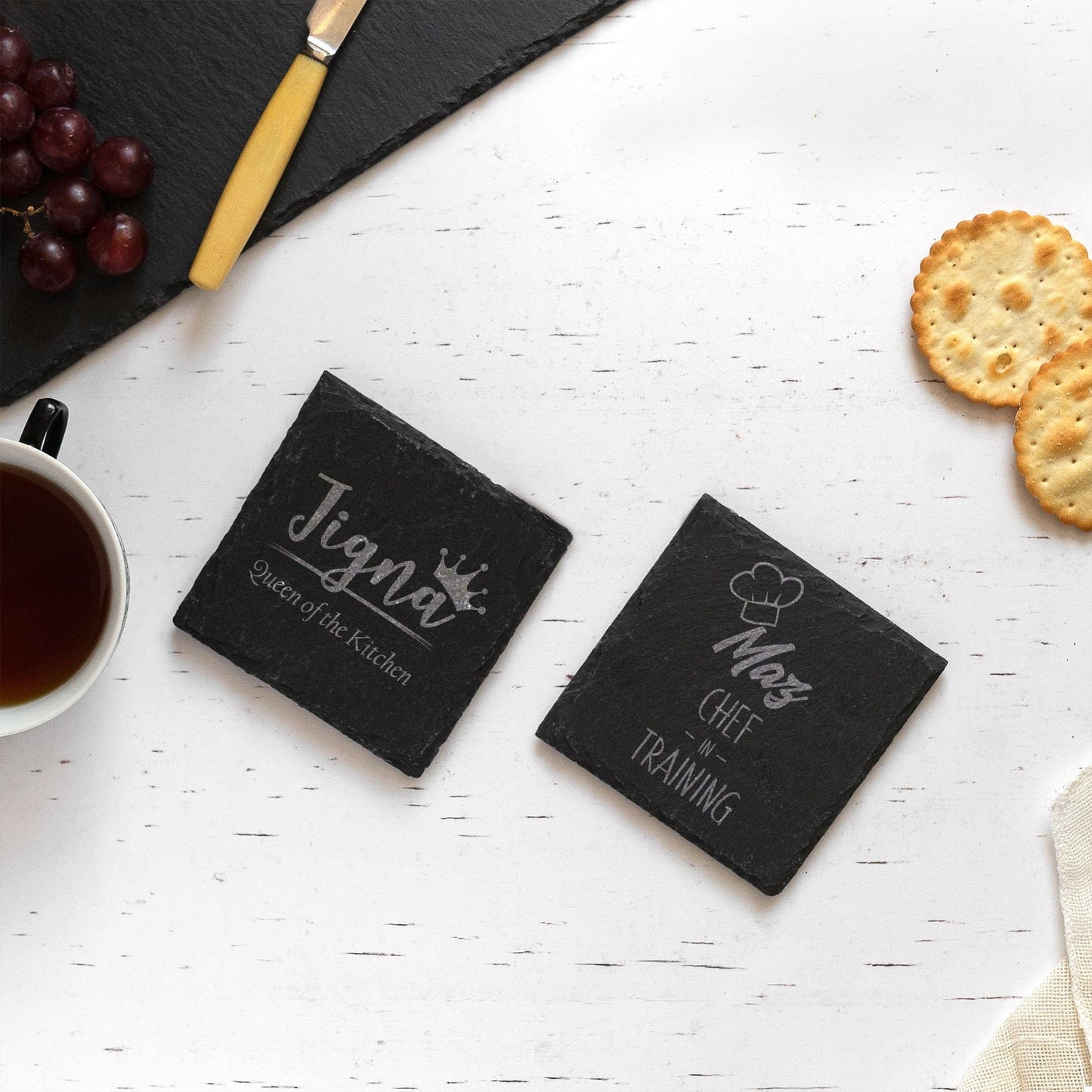Personalised Slate Coaster Set for Couples - Queen of the Kitchen / Chef in Training - Funny Cute Gift - New Home, Birthday, Anniversary