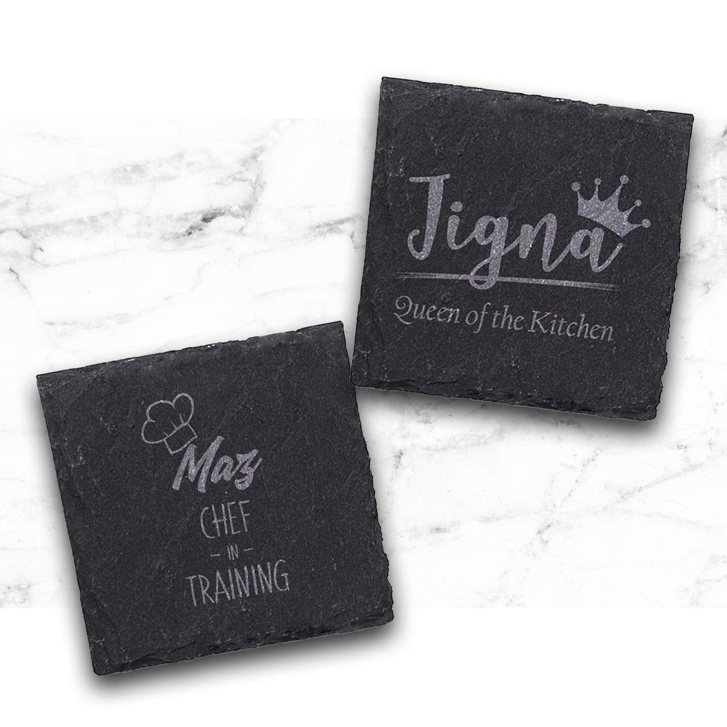 Personalised Slate Coaster Set for Couples - Queen of the Kitchen / Chef in Training - Funny Cute Gift - New Home, Birthday, Anniversary