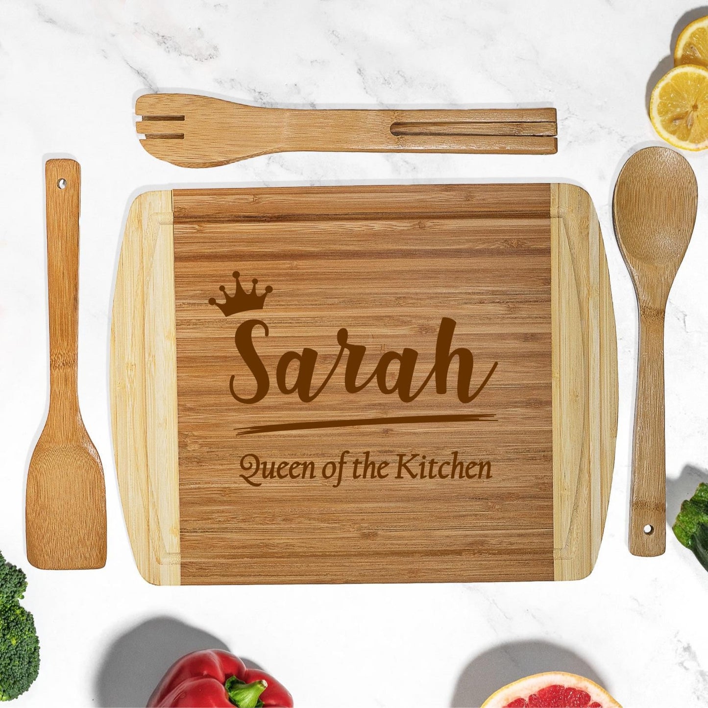 Personalised Bamboo Chopping Board with Utensils - Queen of the Kitchen