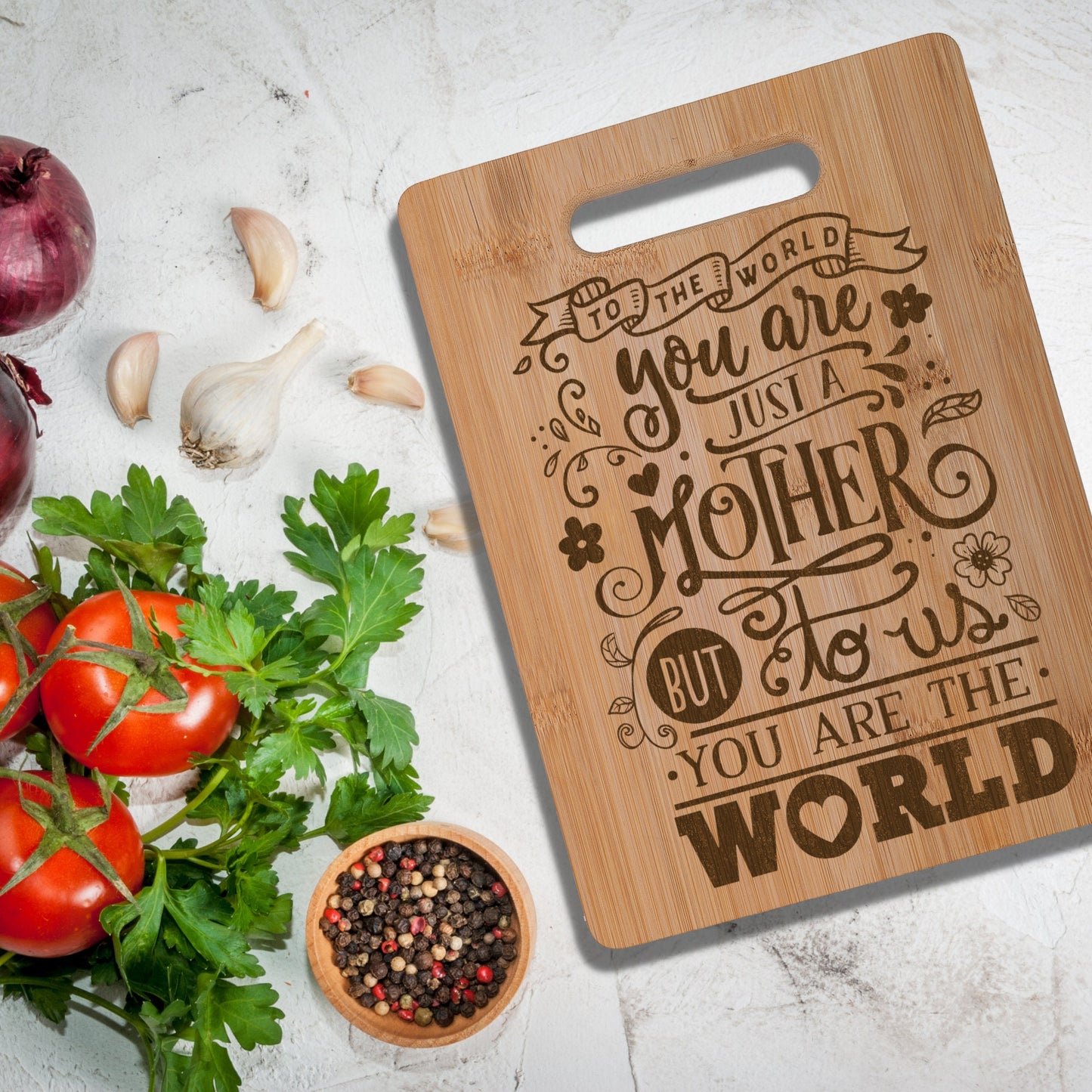 Mother You are the World Real Bamboo Chopping Board Perfect Mother's Day Gift for the Kitchen 30 x 23 cm