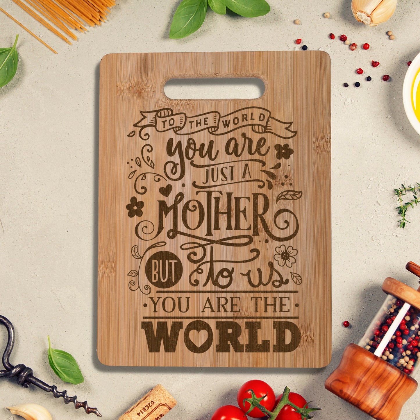 Mother You are the World Real Bamboo Chopping Board Perfect Mother's Day Gift for the Kitchen 30 x 23 cm